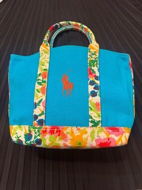 Polo by Ralph Lauren Turquoise Tote with Multicolor Floral Trim